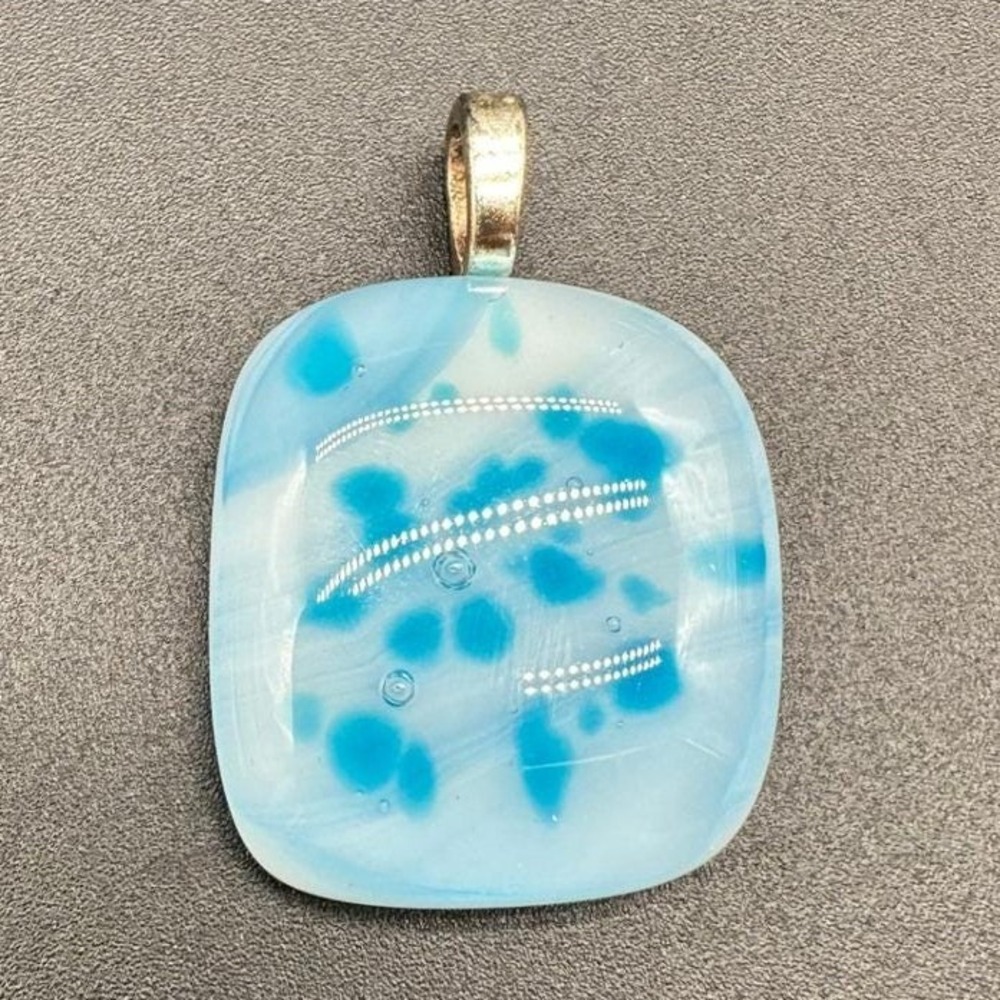 Vintage Fused Glass Pendant Blue Dot Square‎ with Silver Tone Bail